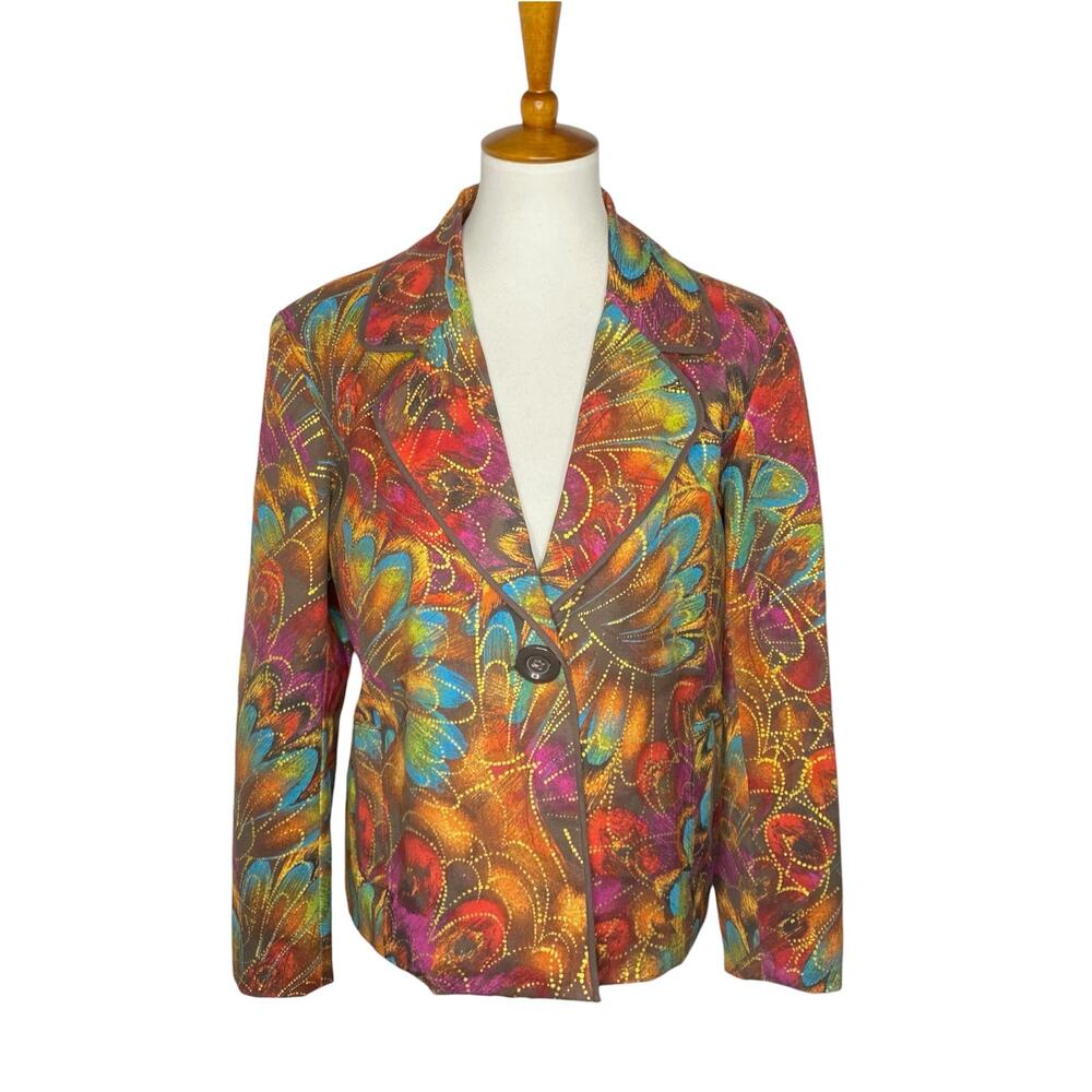 Chico's Blazer Womens Large 12 Multicolor Floral Abstract Artsy Cotton Stretch